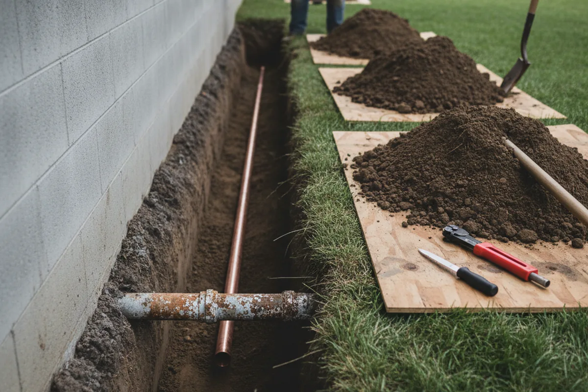 Excavated water line trench during Sewer Line Repair in Cunningham